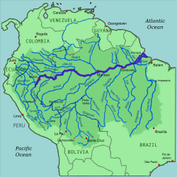 Mapa mostrando a bacia de drenagem da Amazônia com o rio Amazonas em destaque.