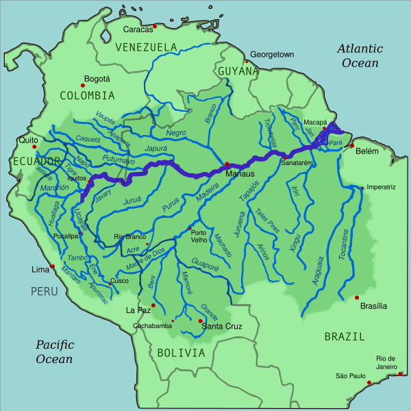 Location of the Amazon River and surrounding drainage basin in South America