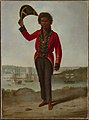 Portrait of Bungaree, a native of New South Wales, with Fort Macquarie, Sydney Harbour, in background, 1826, huile sur toile, 68.5 x 50,5 cm, National Library of Australia