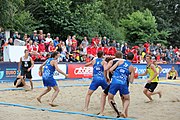 Deutsch: Beachhandball Europameisterschaften 2019 (Beach handball Euro); Tag 3: 4. Juli 2019 – Männer, Hauptrunde Gruppe I, Serbien-Deutschland 2:1 (14:25, 20:18, 7:6) English: Beach handball Euro; Day 3: 4 July 2019 – Men Main Round Group I – Serbia-Germany 2:1 (14:25, 20:18, 7:6)