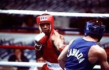 Ron Simms fights his first match of the Pan American Games against Canadian Peter Pestowka. He won easily in the match held at Club Athletico Once Unidos. Boxing (USA vs. CAN) at the 1995 Pan American Games.JPEG