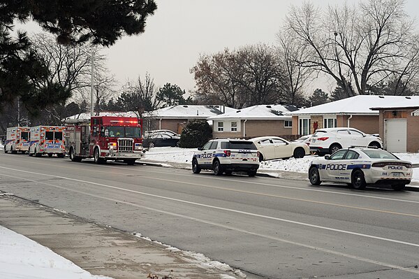 Emergency services at the scene of an incident in Brampton, Ontario, Canada