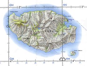 Карта острова Буру. Остров Амбелау находится в юго-восточной части.