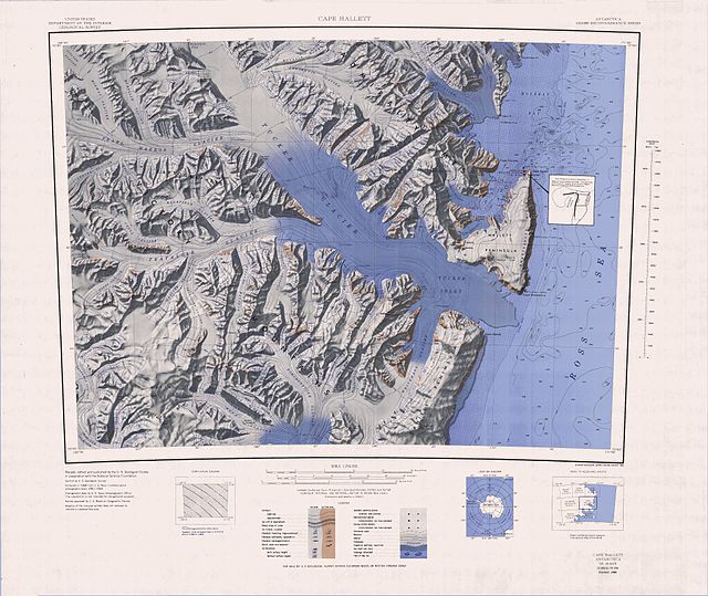 Kartenblatt Cape Hallett von 1968 mit dem südlichen Teil der Admiralitätsberge im Nordosten der Karte