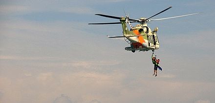 A Cyprus Air Force AW139 SAR helicopter during a search and rescue demonstration
