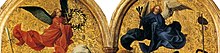 Detail of the Seilern Triptych, by Robert Campin, c. 1425, with gilded applied relief Campin Enterrament instrumentsPassio.jpg