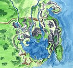 Carte du monde de Shining Force III à l'aquarelle.