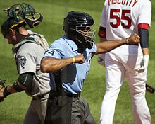 Bucknor calling Stephen Piscotty out on strikes, 2016 Cbbuckner25016.jpg