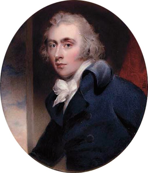 Grey in a blue coat, white waistcoat and tied cravat, and powdered hair, by Henry Bone (after Thomas Lawrence), August 1794