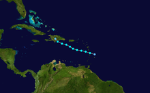 A track map of a tropical storm that moves west-northwestward over the northeastern Caribbean Sea