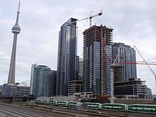 Construction in CityPlace in 2008, looking south from the Union Station Rail Corridor. CityPlace reached its final phase of redevelopment in the early 21st century. CityPlace Towers Building Toronto.jpg