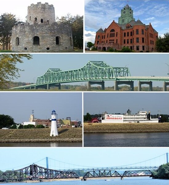 Top row: Eagle Point Park, Clinton County Courthouse; Second row: Mark Morris Memorial Bridge, Third row: Clinton Riverfront, Clinton Area Showboat Th