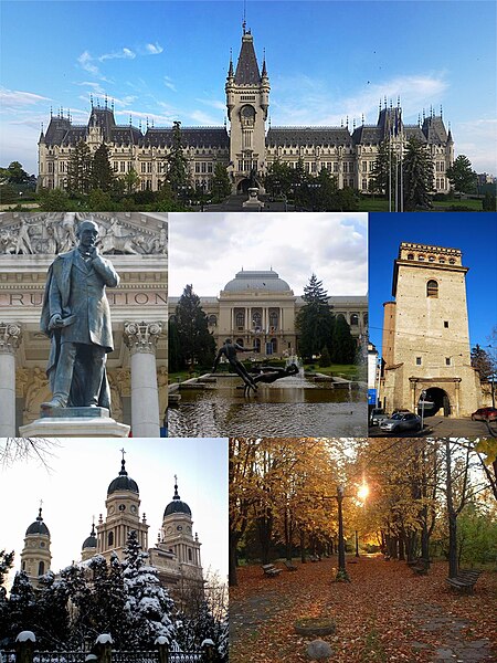 From top left: Palace of Culture • Vasile Alecsandri Statue in front of the National Theatre • Alexandru Ioan Cuza University • Golia Tower • Metropol