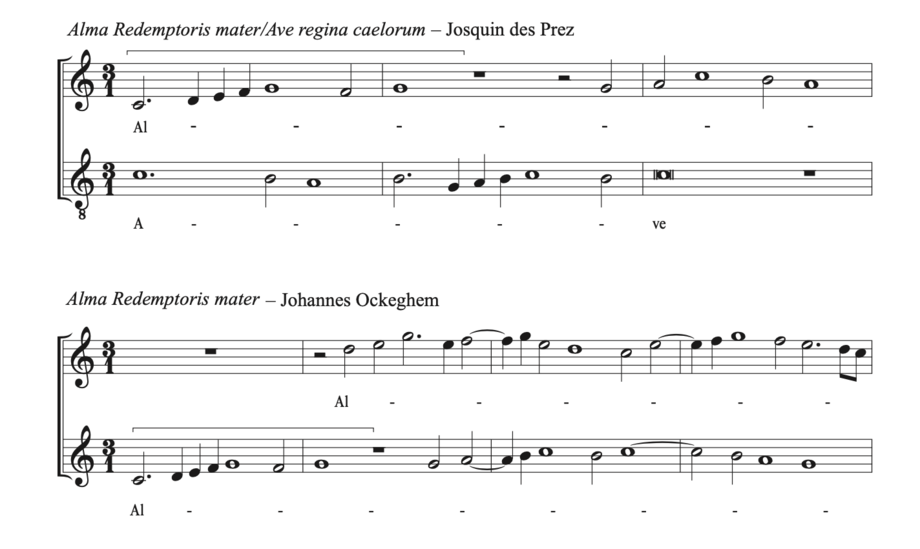 Comparison of Josquin's double motet Alma Redemptoris mater/Ave regina caelorum (top) and Ockeghem's Alma Redemptoris mater (bottom). Ockeghem's initial motif is seemingly quoted by Josquin (both identified by brackets).