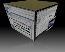 Virtual desktops rendered as the faces of a cube.

In this example a Unix-like operating system is using the X windowing system and the Compiz cube plugin to decorate the KDE desktop environment. Compiz-fusion-3d-desktop-cube.png