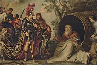 Peinture représentant Alexandre et Diogène assis dans son tonneau
