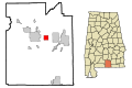 This map shows the incorporated and unincorporated areas in Covington County, Alabama, highlighting Sanford in red. It was created with a custom script with US Census Bureau data and modified with Inkscape.