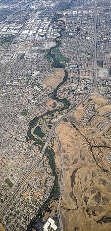 Coyote Creek aerial view from the south in San Jose, from south of Hellyer County Park up to Interstate 280