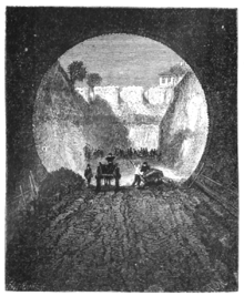 The tunnel and cutting under construction in 1872 Cutting on Union Railroad, Seen from Tunnel.png