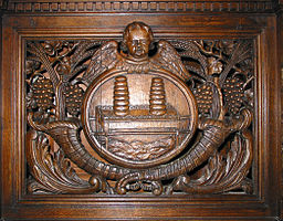 carved oak panel adorning a communion table of the Church of Our Lady in Céroux-Mousty, Belgium