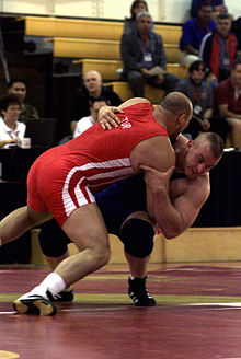 Frank Workman (US), tries to take down Aydin Polatci (Turkey), 130-kg Free-Style. 19th World Military Wrestling Championship (CISM), Camp Lejeune, North Carolina. DF-SD-01-07076.jpg