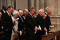 George W. Bush and Laura Bush, Dick Cheney and Lynn Cheney, Bill Clinton and Hillary Clinton, George H. W. Bush and Barbara Bush, Jimmy Carter and Rosalynn Carter, and Gerald Ford and Betty Ford sing at the funeral service for President Reagan