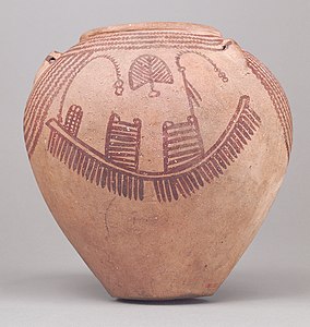 Vase funéraire. Décor à base de signes graphiques : bateaux[31], H.20 cm. Metropolitan Museum of Art