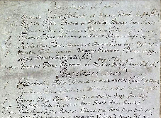 21 September 1705 entry of Turpin's name in the parish baptism register for Hempstead, Essex (fifth line down).