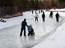 Ice skating on the frozen stream in Bowness Park. Winters in Calgary are cold and dry, with temperatures dropping below -20 degC (-4 degF). Dilmaghanian00711.JPG