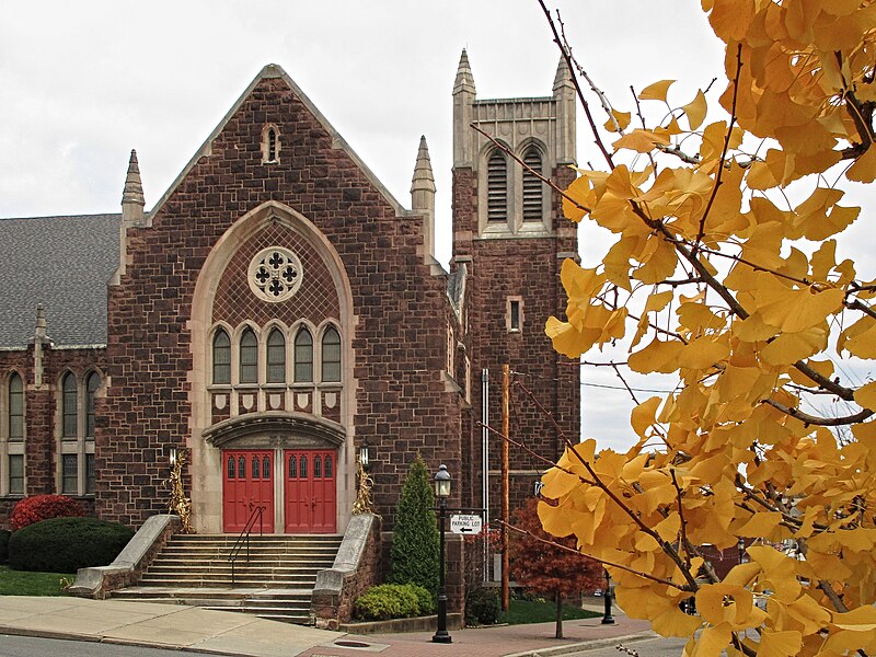 Dormont Presbyterian Church with Ginkgo biloba leaves