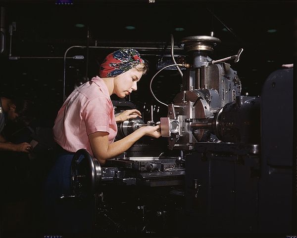 Female machine tool operator at the Douglas Aircraft plant, Long Beach, California in World War II. After losing thousands of male workers to military