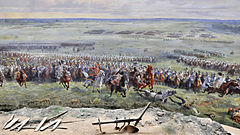 De charge van de Franse cavalerie onder leiding van maarschalk Michel Ney in het panoramagebouw