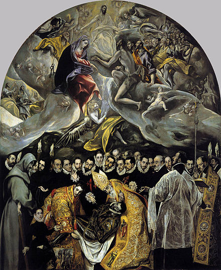 The Burial of the Count of Orgaz (1586–1588, oil on canvas, 480 × 360 cm, church of Santo Tomé, Toledo), now El Greco's best known work, illustrates a popular local legend. An exceptionally large painting, it is clearly divided into two zones: the heavenly above and the terrestrial below, brought together compositionally.