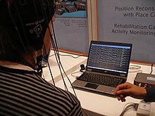 A subject wearing an electroencephalography cap, a conventional technique for measuring one's reactivity using sensory gating. Electroencephalography (EEG) - FET09 Prague.jpg