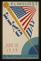 Illustration of an American flag. Text reads: "Elmhurst/Flag day/June 18, 1939.