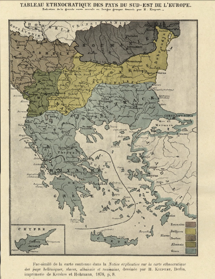 Ethnographic map by German geographer Heinrich Kiepert, 1878. This map received a good reception in contemporary Europe and was used as a reference at the Congress of Berlin.[13]
