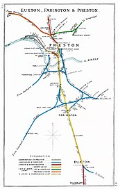 A 1913 Railway Clearing House Junction Diagram showing railways around Preston, including Balshaw Lane & Euxton station (bottom right) Euxton, Farington & Preston RJD 62.jpg