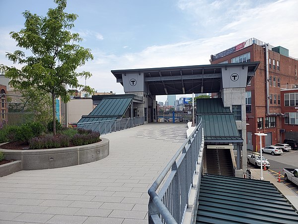 The Fenway Center pedestrian deck and the station footbridge