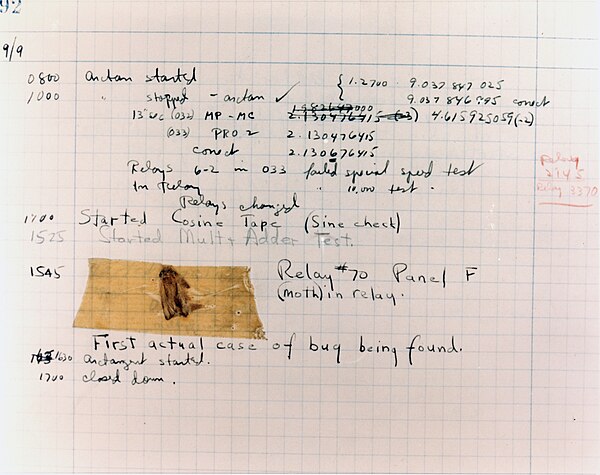 The first known actual bug causing a problem in a computer was a moth, trapped inside a Harvard mainframe, recorded in a log book entry dated Septembe