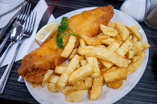 Fish and chips, a popular take-away food of the United Kingdom