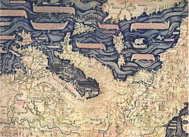 Fra Mauro's map, sector XXIX, showing Vlachia Piccola in Thessaly and Monte de Murlachi in Dalmatia - ca. 1450 CE Fra Mauro map, sector XXIX.jpg