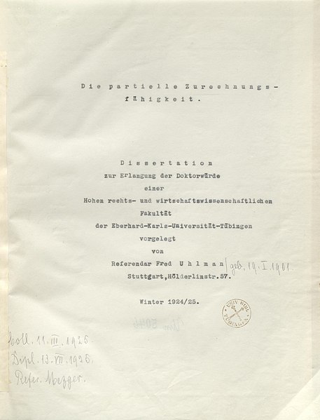 File:Fred Uhlman Die partielle Zurechnungsfähigkeit Dissertation 1925 Titel.jpg