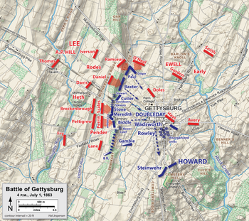 On July 1, 1863 at 4 p.m., the Army of the Potomac was positioned at the seminary. Gettysburg Day1 1600.png