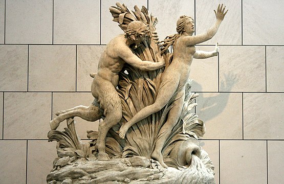 Skulptur skapad av Gilles-Lambert Godecharle från 1804 som avbildar när Pan förföljer Syrinx till floden Ladon.