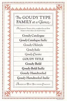 The set of fonts in the Goudy 'family' in ATF's 1923 specimen book: the Goudy Old Style, Goudy Catalogue and Goudy Handtooled subfamilies. Goudy Cursive is effectively Goudy Old Style with swashes. Goudy Type Family.jpg