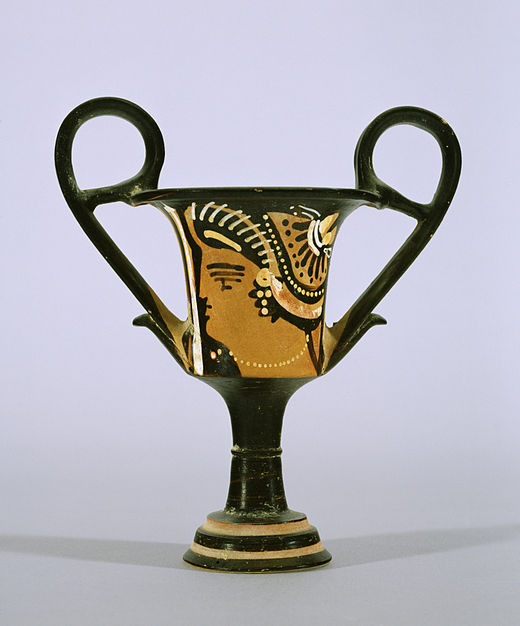 Red-figure Apulian kantharos with a female head, 320–310 BC (Walters Art Museum)