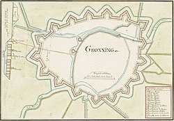 Kaart van Jan Bergman van de geplande vestingwerken rond 1614 met hoogtemetingen op de Noordes. Kopie naar een Zweeds voorbeeld. Variant.