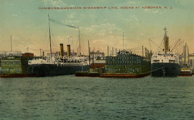Postcard of the view from the water of the Hamburg-American Steamship Lines docks in Hoboken, New Jersey, in about 1910