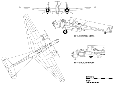 3-vida projekcio de la Hampden Marka I, kun enmetu detalon de la Dagger-engined Hereford Mark I