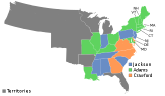 Clay helped Adams win the 1825 contingent House election after Clay failed to finish among the three electoral vote-winners. States in orange voted for Crawford, states in green for Adams, and states in blue for Jackson. House Election of 1825.svg
